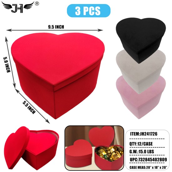 GIFT BOX - HEART SHAPE 3PC/SET MIX 4 COLOR 12SET/CS