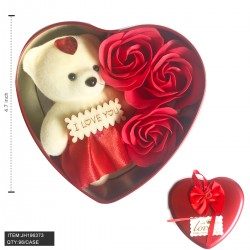 FLOWER GIFT SET - BEAR W/ ROSE HEART RED TIN BOX  8DZ/CS