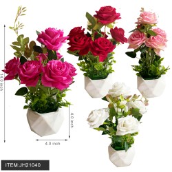 ARTIFICAL ROSE FLOWER WITH VASE 14"X4" 6PC/CS