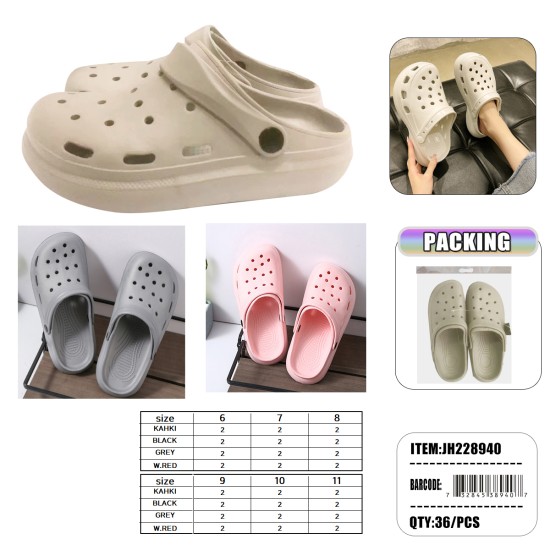 WOMENS CLOG  SHOES 3 COLORS 12PC/3BG/36PC/CS