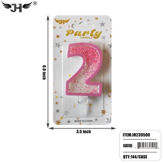 CANDLE - PINK NUMBER 2 GLITTER CANDLE 12DZ/CS