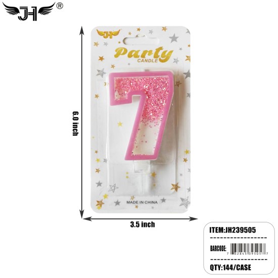 CANDLE - PINK NUMBER 7 GLITTER CANDLE 12DZ/CS