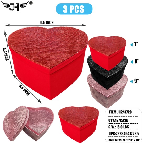 GIFT BOX - HEART SHAPE SEQUINCE 3PC/SET 3 COLOR 12SET/CS