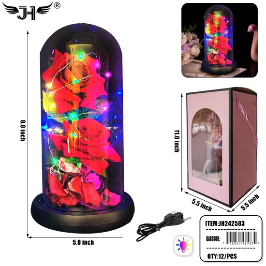 GLASS DOME - LIGHT UP ROSE FLOWER RED COLOR 9