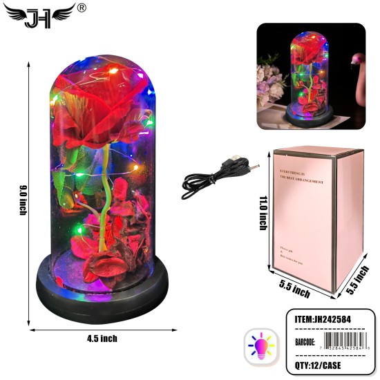 GLASS DOME - LIGHT UP ROSE FLOWER RED COLOR 9