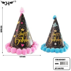 BIRTHDAY HAT - PAPER BLACK PINK & BLUE MIX 12DZ/CS